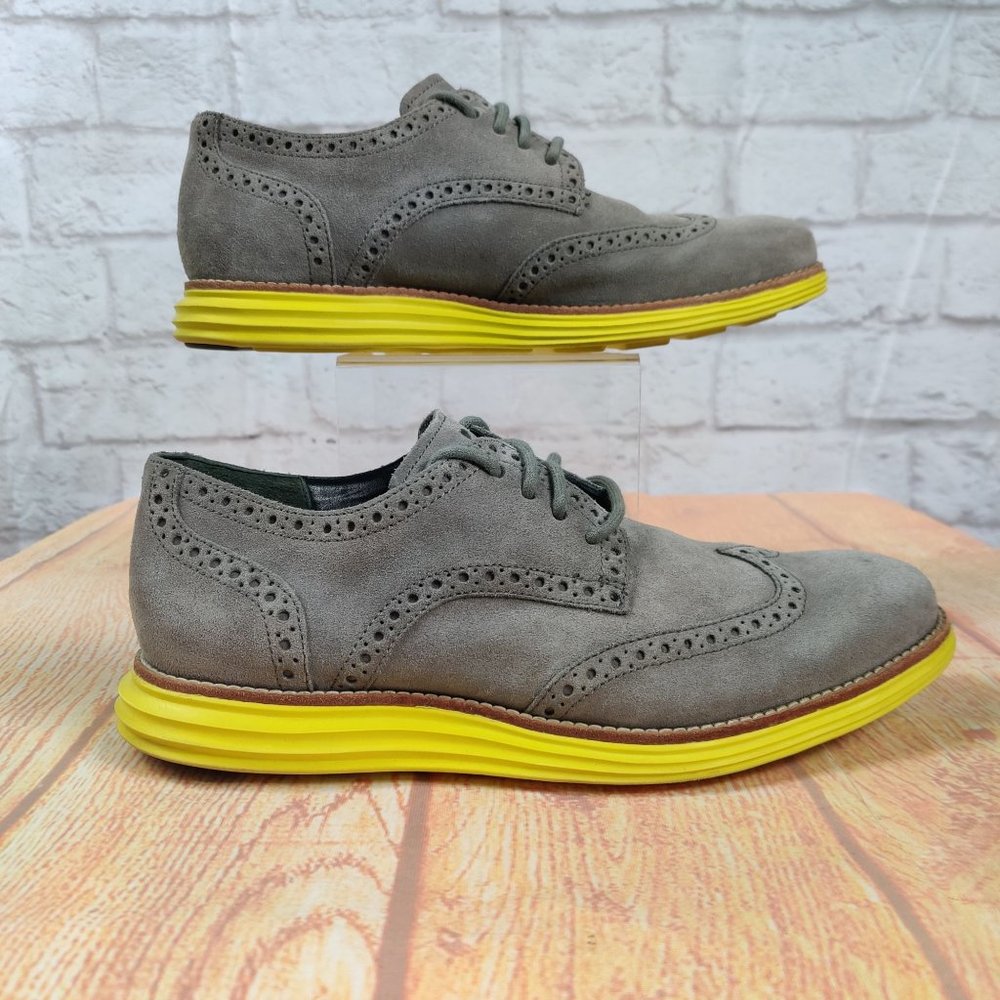 Cole Haan Collection LunarGrand Wing-Tip Grey suede leather oxford Yellow sz 8